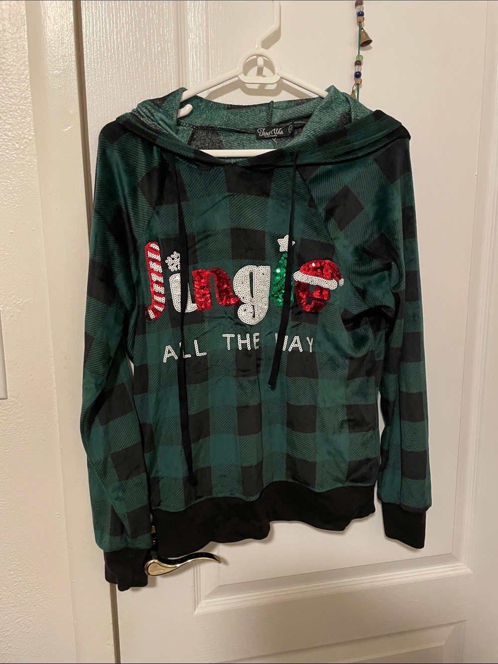 Third Wish Green & Black Buffalo Plaid Holiday Sequin Hoodie